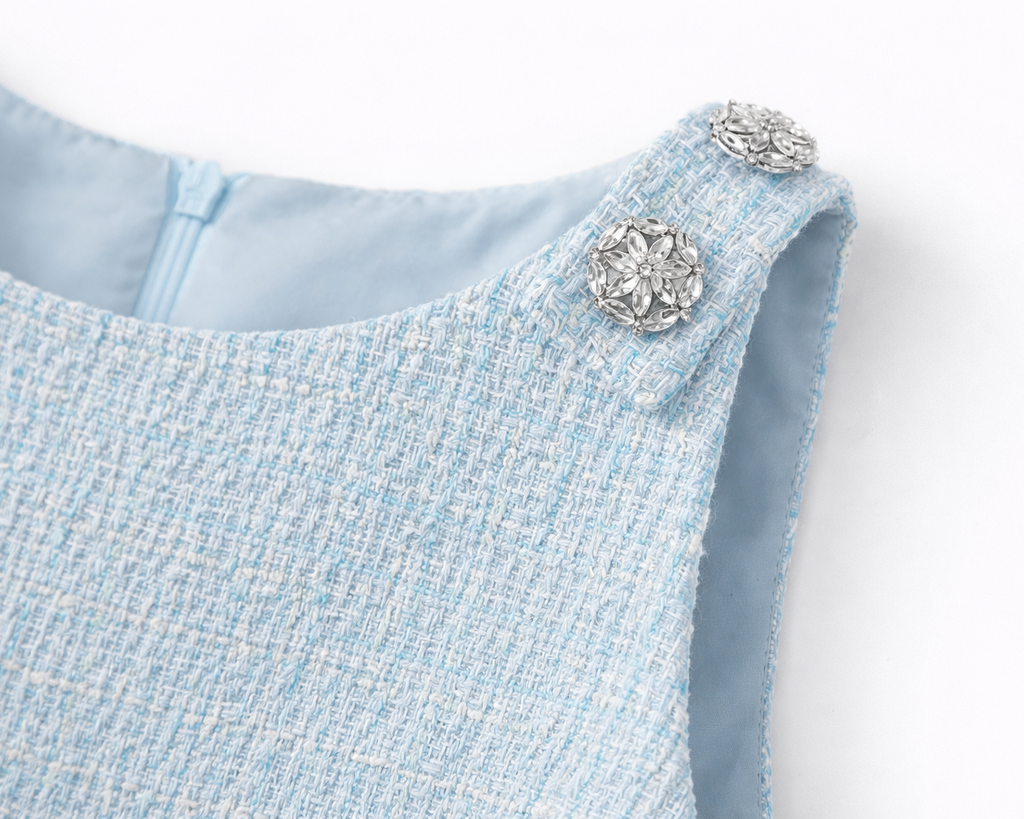 Light blue dress with a decorative brooch buttons  on a white background