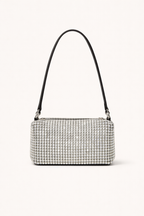 Silver rhinestone crystal bow handbag with black handle on a white background