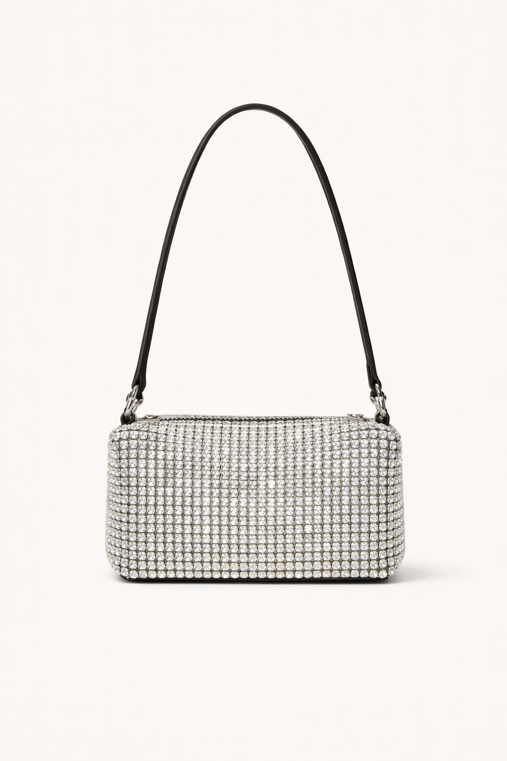 Silver rhinestone crystal bow handbag with black handle on a white background