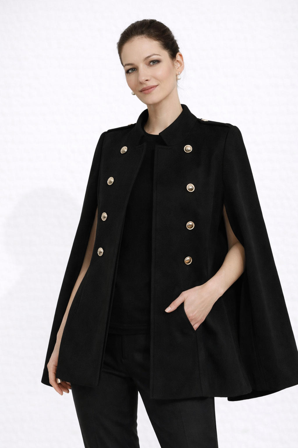 Aimee Double-Breasted Black Cape